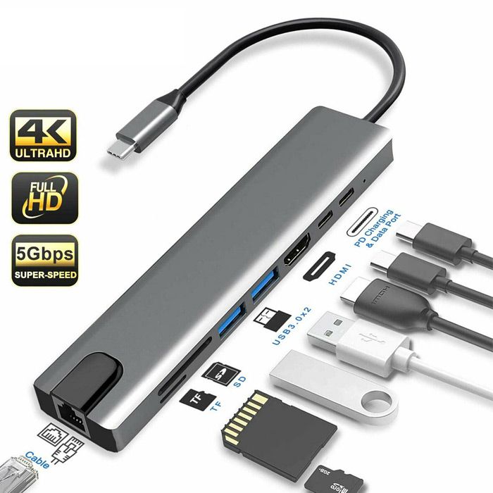 8 In1 Multi-port Type C To Usb C 4k Hdmi Adapter Usb 3.0 Netflix & Youtube Supported