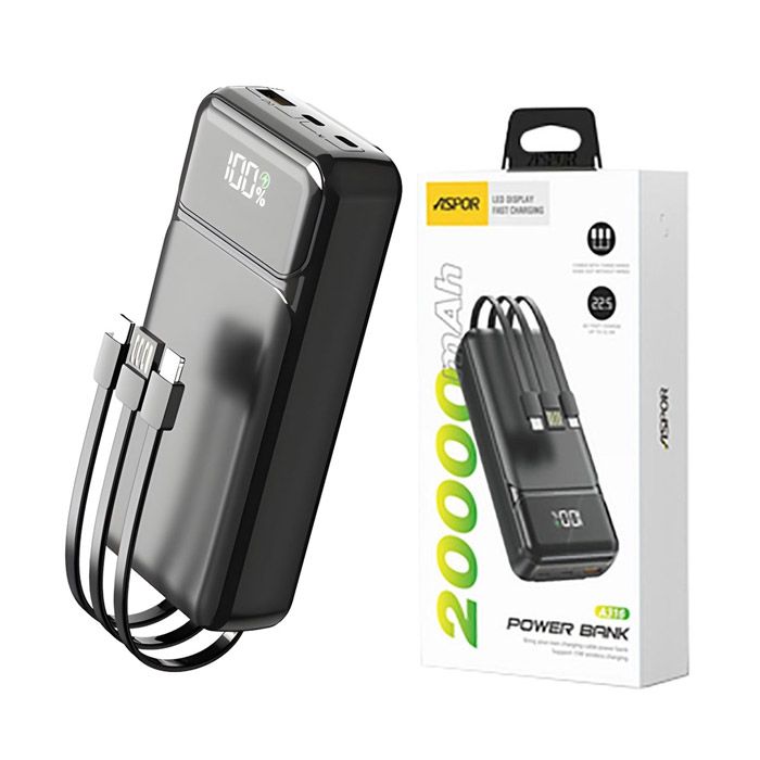Aspor A316 20000mah 22.5w High Speed Built In Cable Fast Charging Power Bank Black