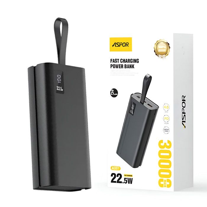 Aspor A337 (22.5w And 20w) Pd 30000mah Power Bank Lcd Display Black