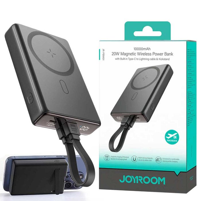 Joyroom Jr-pbm01 20w Wireless Power Bank 10000mah With Built-in Cable & kick stand Black