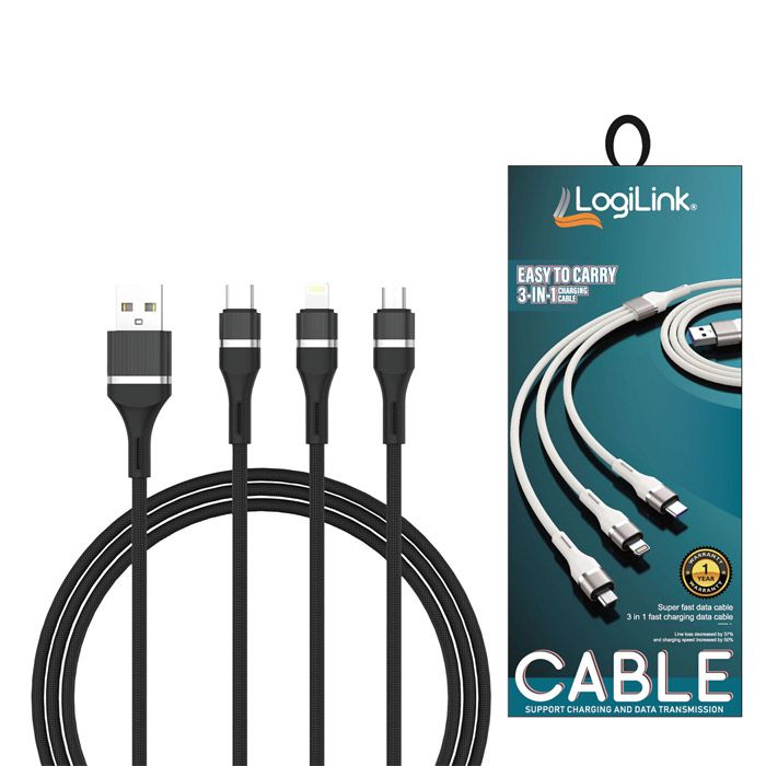 Logilink 3in1 Usb To Micro/type C/iphone Nylon Data Cable 6a Fast Charging 1m 1 Year Warranty Black