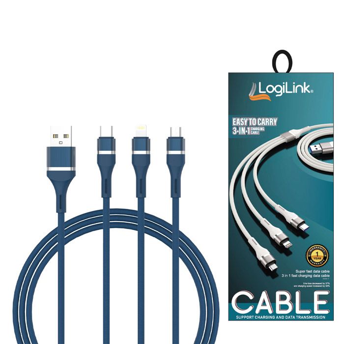 Logilink 3in1 Usb To Micro/type C/iphone Nylon Data Cable 6a Fast Charging 1m 1 Year Warranty Blue