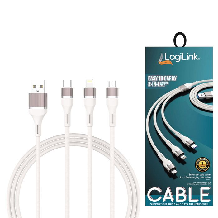 Logilink 3in1 Usb To Micro/type C/iphone Nylon Data Cable 6a Fast Charging 1m White