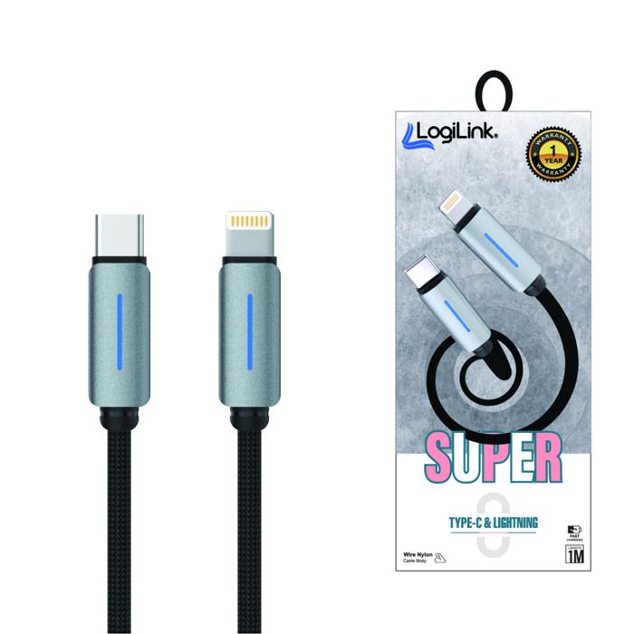 Logilink Type C To Lightning Nylon Fast Charging Data Cable With Light 1m (1 Year Warranty) Black