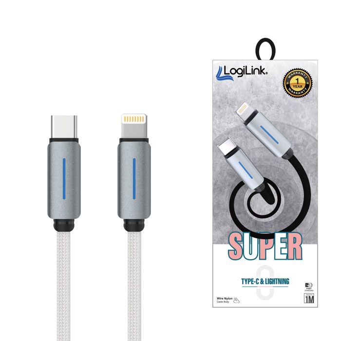 Logilink Type C To Lightning Nylon Fast Charging Data Cable With Light 1m (1 Year Warranty) White