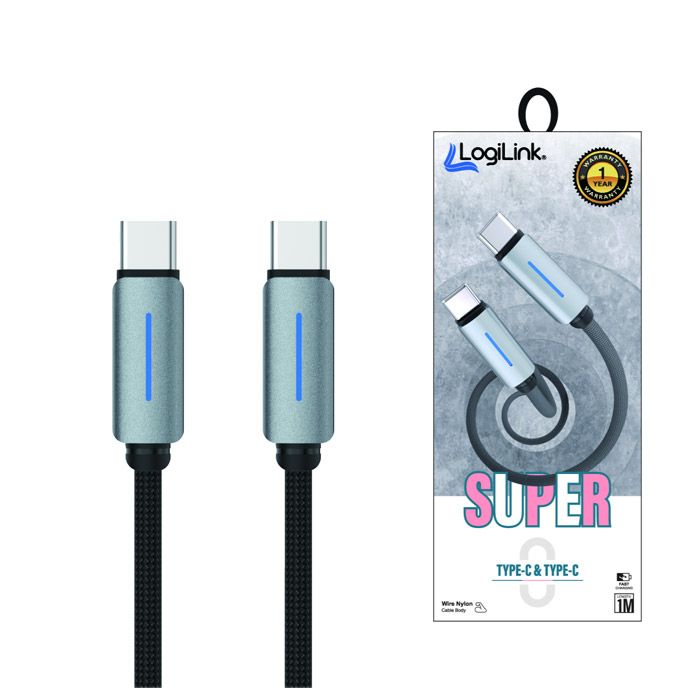 Logilink Type C To Type C Nylon Fast Charging Data Cable With Ligh1m (1 Year Warranty) Black