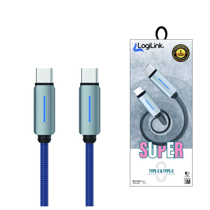 Logilink Type C To Type C Nylon Fast Charging Data Cable With Light 1m (1 Year Warranty) Blue