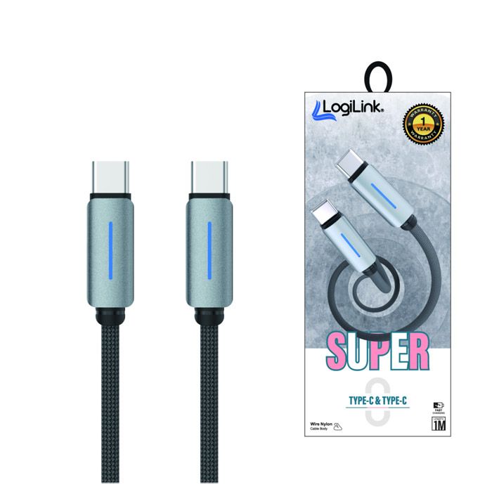 Logilink Type C To Type C Nylon Fast Charging Data Cable With Light 1m (1 Year Warranty) Grey