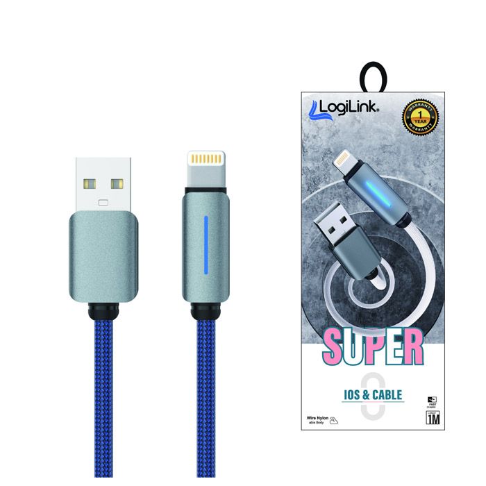 Logilink Usb To Lightning Nylon Fast Charging Data Cable With Light 1m (1 Year Warranty) Blue