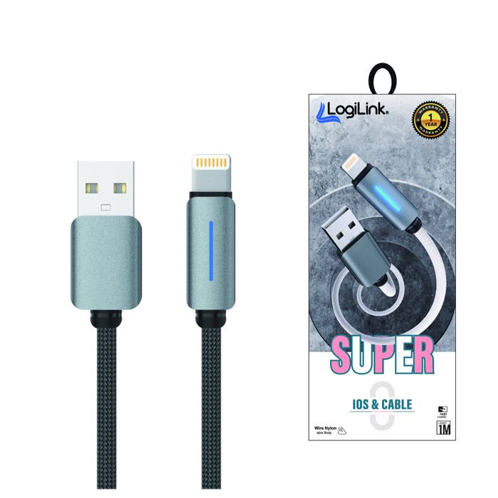 Logilink Usb To Lightning Nylon Fast Charging Data Cable With Light 1m (1 Year Warranty) Grey