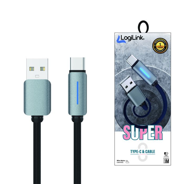 Logilink Usb To Type C Nylon Fast Charging Data Cable With Light 1m (1 Year Warranty) Black