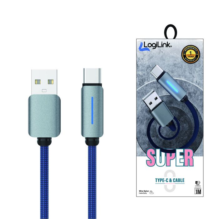 Logilink Usb To Type C Nylon Fast Charging Data Cable With Ligh 1m (1 Year Warranty) Blue