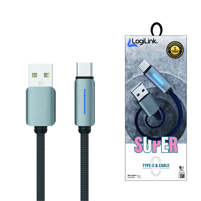 Logilink Usb To Type C Nylon Fast Charging Data Cable With Light 1m (1 Year Warranty) Grey