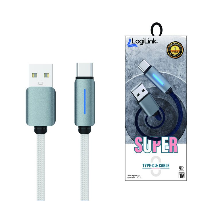 Logilink Usb To Type C Nylon Fast Charging Data Cable 1m With Light (1 Year Warranty) White