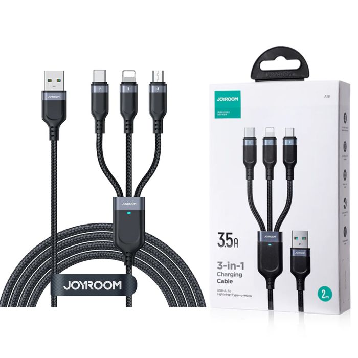 Joyroom S-1t3018a18 Multi-use 3.5a Usb-a To Lightning+type-c+micro 3-in-1 Data Cable1 2m-black