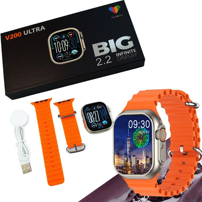 V200 New Fashion Ultra 2.2 Large Screen Ip68 Waterproof Sport Smart Watch Orange