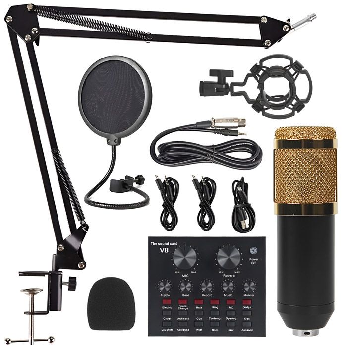 V8 Bm-800 Podcast Mic Set With Live Sound Card,condenser Microphone With Rechargeable 12 Kinds Of Auxiliary Background For Karaoke Singing, Youtube Recording Mic